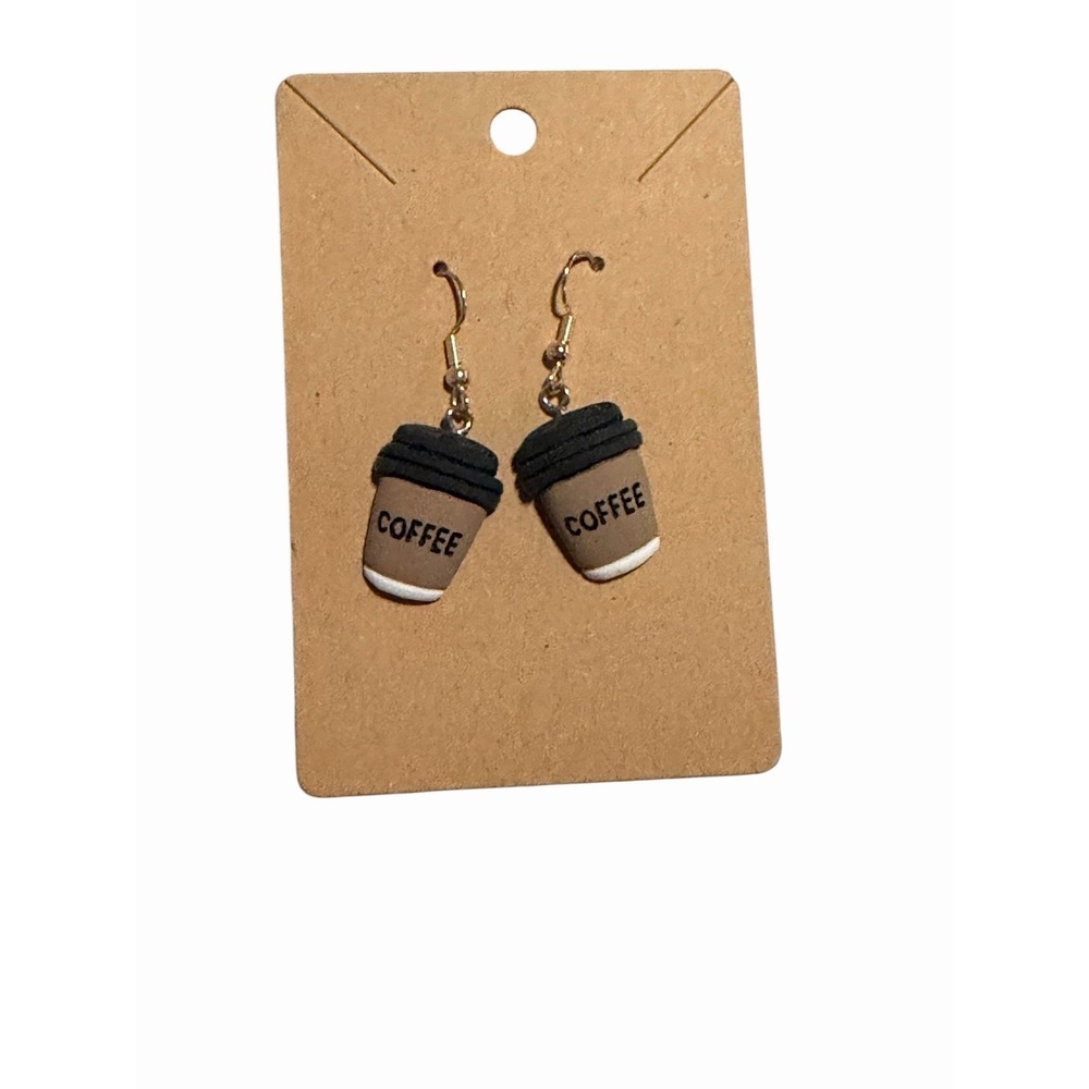 Handmade Coffee Cup Dangle Earrings Brown Black Silver Tone Fishhook Jewelry